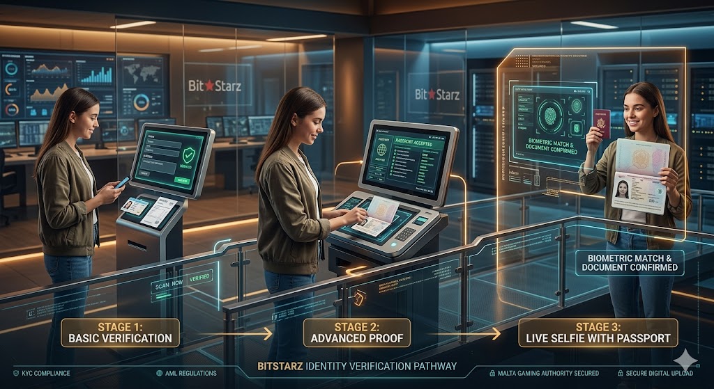 A high-tech digital graphic shows a female user completing a secure, multi-stage BitStarz KYC process, from basic ID verification to a final live selfie with her passport.