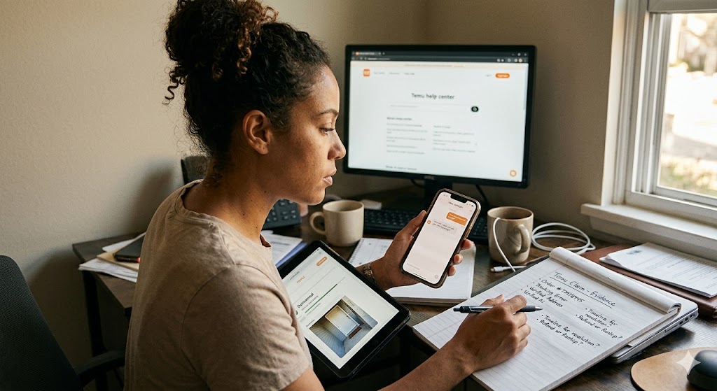 Woman at a desk using a phone chat, tablet, and notepad to gather evidence for a Temu customer support claim.