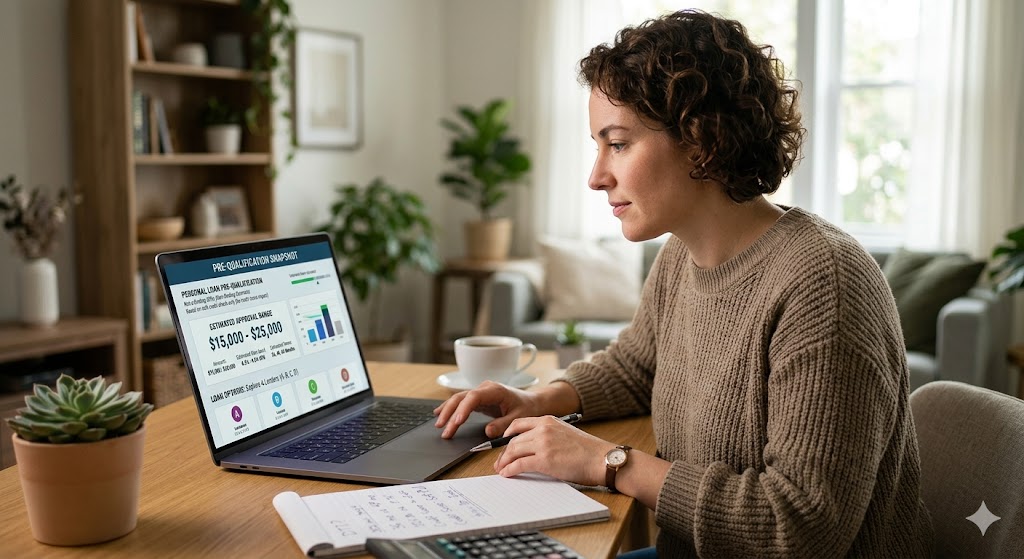 A woman reviews a personal loan pre-qualification snapshot and estimated approval range on her laptop at home.