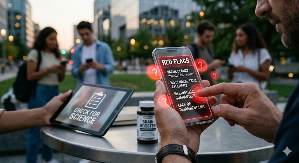 A close-up of a person checking a smartphone screen displaying brain supplement red flags and a checklist tablet.