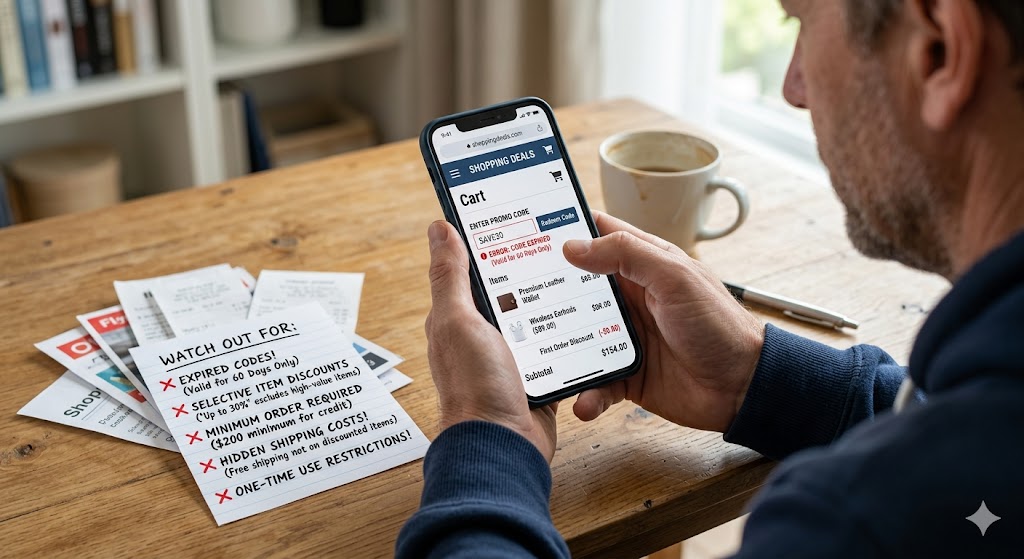 A man checks an expired promo code error on his phone, next to a handwritten checklist of shopping pitfalls.