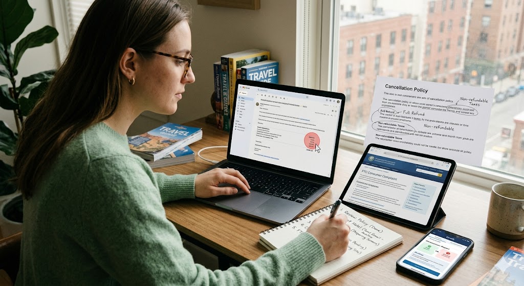 A woman looks at a laptop displaying a refund breakdown while writing notes next to an FTC consumer complaint webpage.