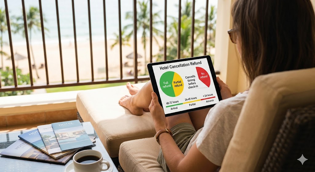 A person sits on a resort balcony lounge, reviewing a tablet displaying a chart on hotel cancellation refund tiers and times.