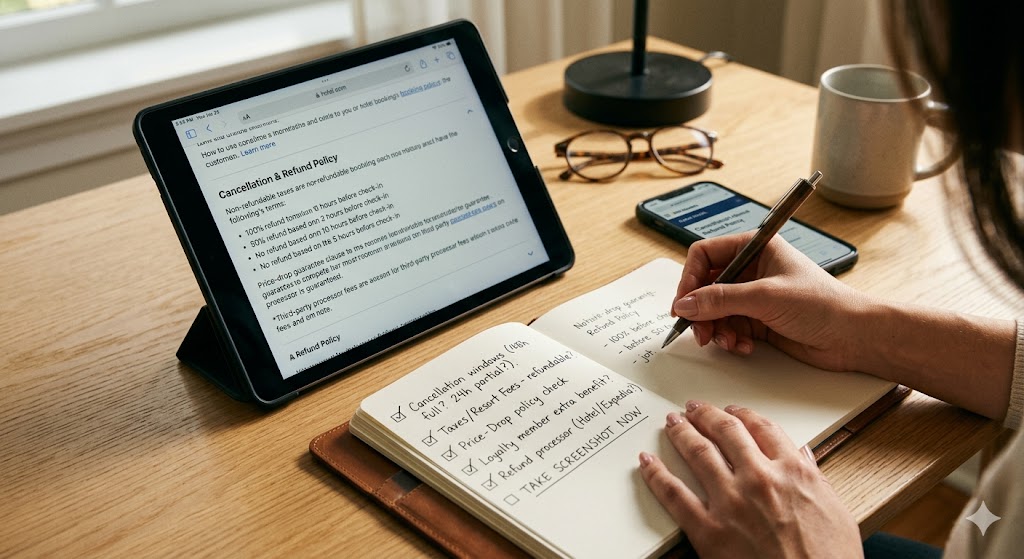 A person writes a hotel booking checklist in a notebook while looking at a cancellation policy on a tablet screen.