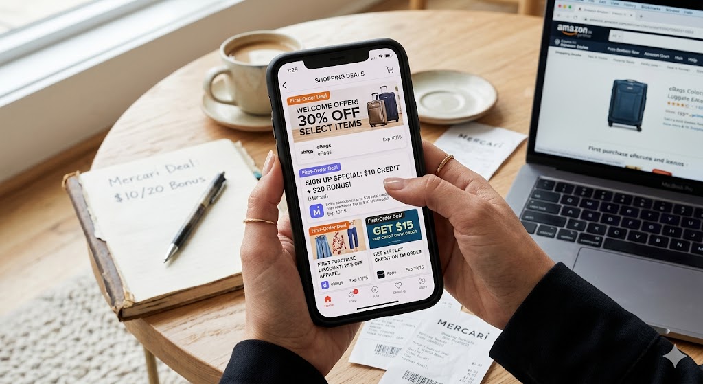 Hands holding a phone that displays first-order discounts and coupon apps, next to shopping receipts on a wood table.