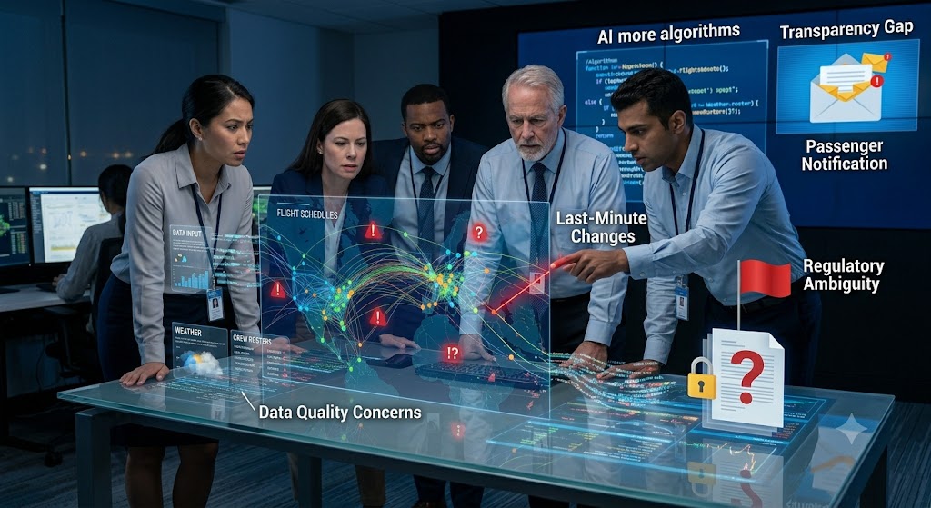 A group of airline executives examining a digital map showing flight schedule errors and regulatory risks.