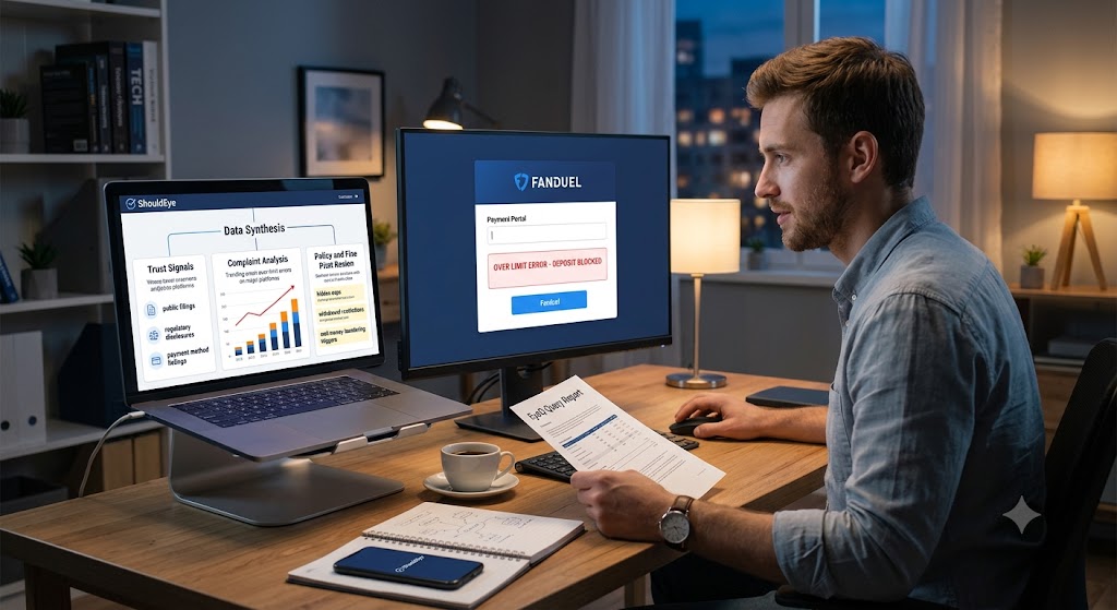 A man at a desk looks at screens displaying a Fanduel deposit error and analytics data titled "Data Synthesis."