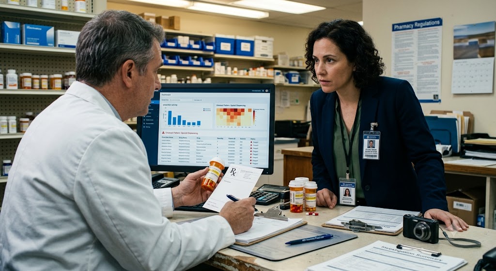 An investigator and pharmacist review a fraud detection dashboard highlighting unusual prescribing patterns in a pharmacy.