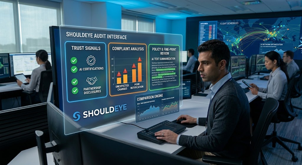 A data analyst uses the ShouldEye interface to audit airline trust signals, complaints, and policy fine print.