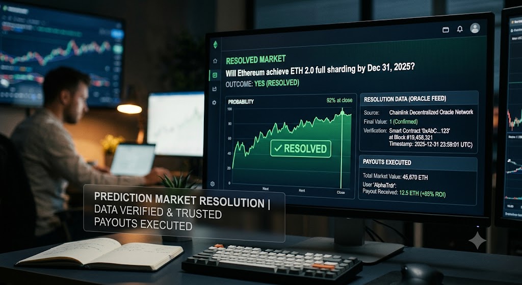 A close-up of a computer screen showing a resolved prediction market with verified data, payout details, and charts.