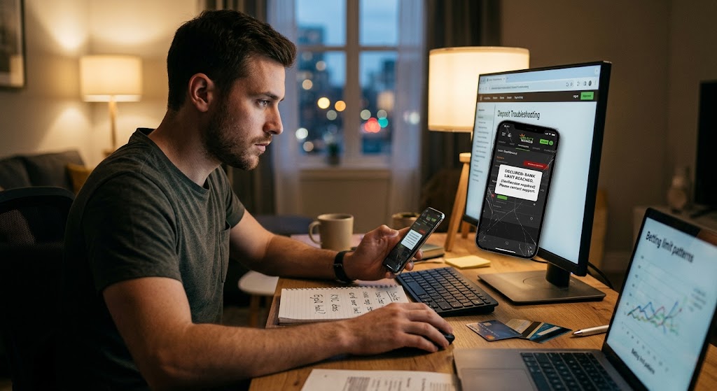 A man at a desk looking at a smartphone displaying a declined deposit error next to a computer showing troubleshooting text.