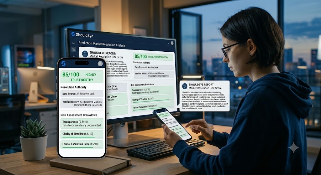 A woman uses her smartphone to view a ShouldEye risk assessment dashboard while sitting in front of a computer monitor.