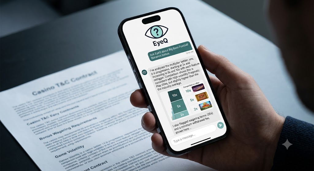 A person holds a phone using the EyeQ app to analyze a casino contract's progressive multipliers and wagering terms.