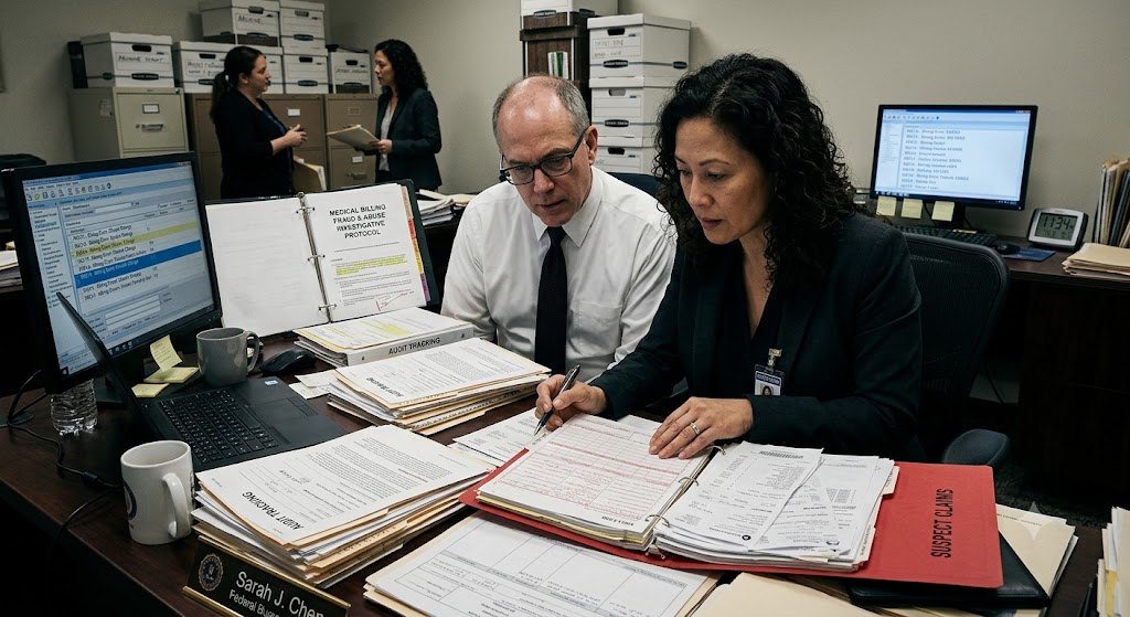 Two investigators review medical billing audit documents and suspect claims at a desk filled with case files.