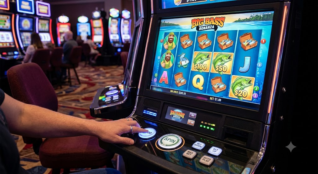 A person presses the spin button on a Big Bass Bonanza slot machine displaying familiar fish and tackle box symbols.