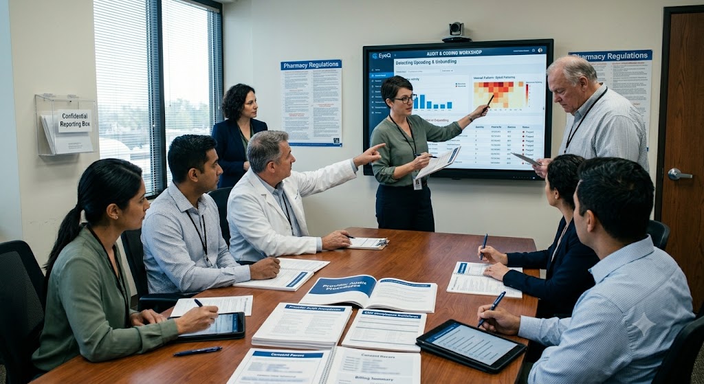 A group of healthcare professionals reviews billing data during an audit and coding workshop in an office.