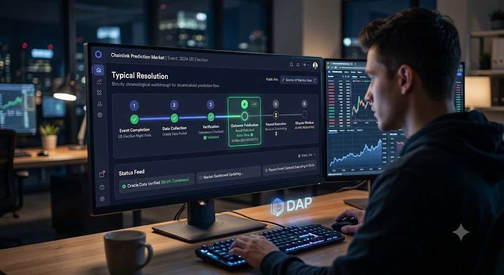 A man views a monitor displaying a 6-step chronological timeline workflow for verifying decentralized market resolution.
