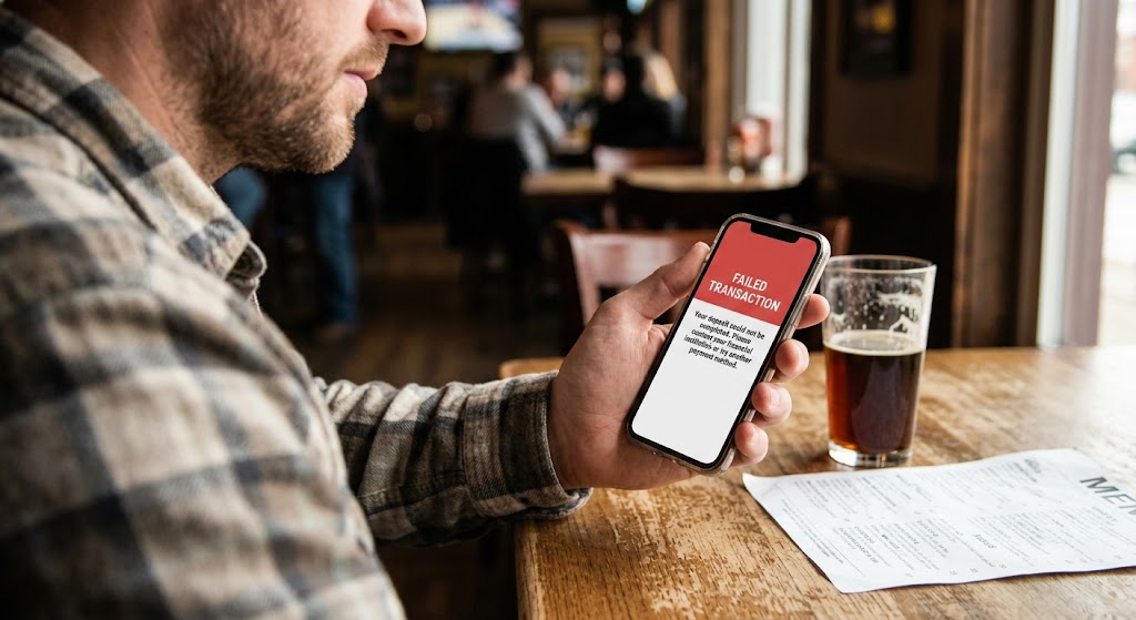 Close-up of a man looking at a smartphone displaying a red "FAILED TRANSACTION" error screen while sitting at a bar table.