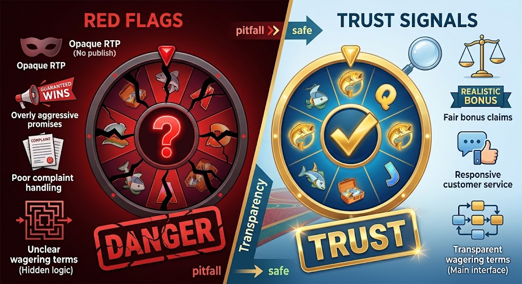 Infographic split between red danger pitfall flags and blue safe trust signals for casino gaming and bonus terms.