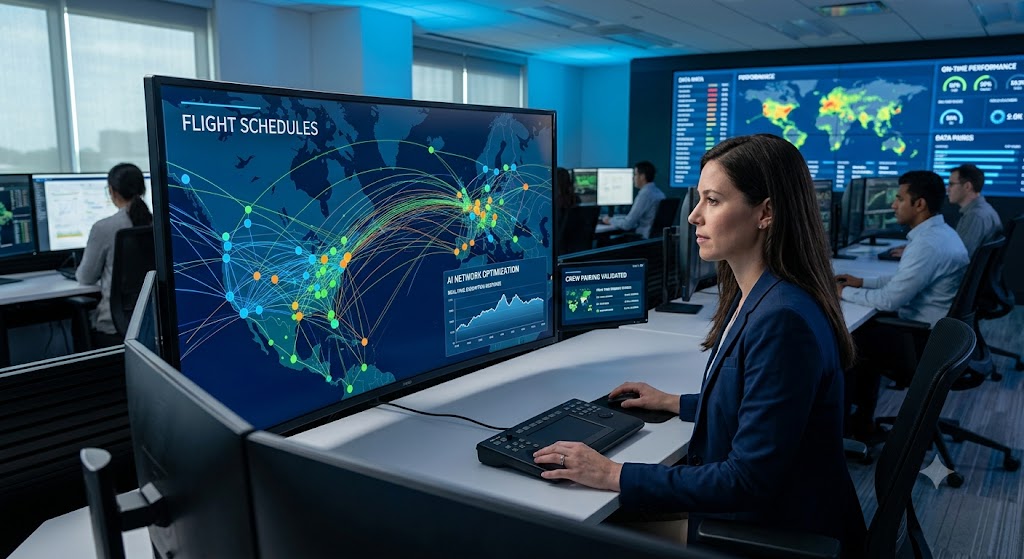 An airline control room with a woman monitoring a large digital display showing an AI-optimized global flight network.