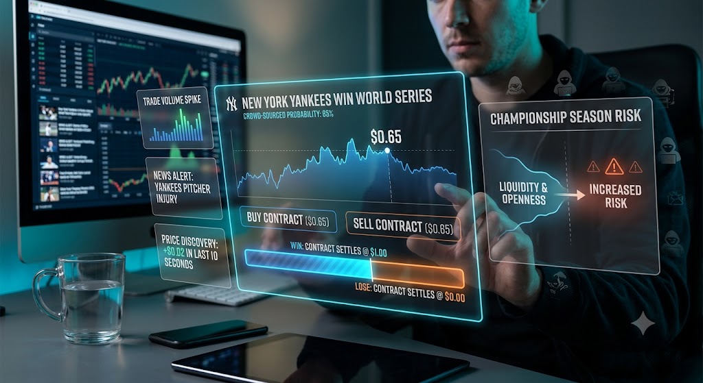 A trader analyzing a futuristic, holographic sports prediction interface tracking New York Yankees contract prices.