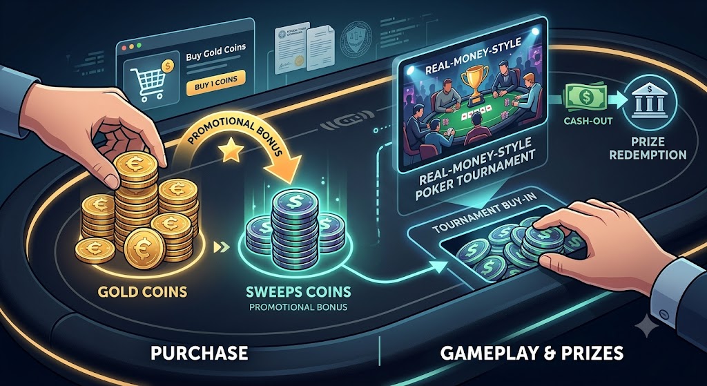A diagram of sweepstakes poker: buying Gold Coins awards free Sweeps Coins used for tournament entry and prize cash-outs.