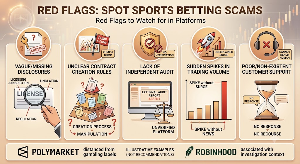 Infographic about sports betting scams, listing red flags like missing disclosures, vague rules, and poor support.