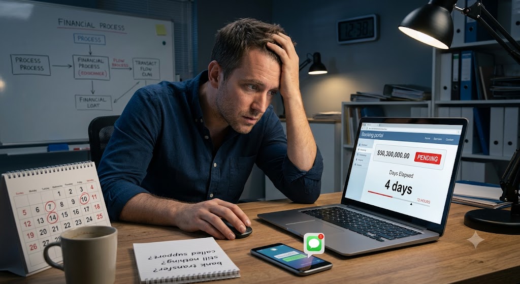 Stressed man at desk looking at a laptop showing a pending bank transfer delayed for 4 days, past the 72-hour mark.
