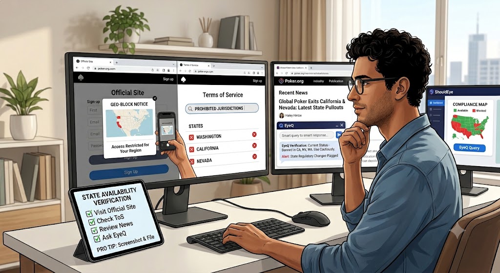 Man at desk checks poker state availability using a checklist, monitor alerts, and EyeQ data on a compliance map.