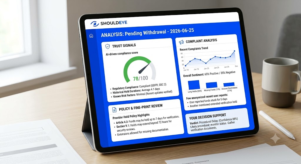 Tablet displays a ShouldEye analysis of a pending withdrawal. It shows a trust score, complaint trends, and policy highlights for decision support.