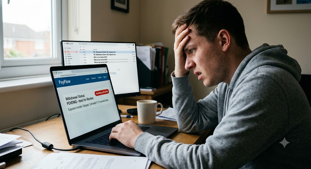 A frustrated man at a desk looks at a laptop displaying a "PayFlow Withdrawal Status: PENDING - Held for Review" message.