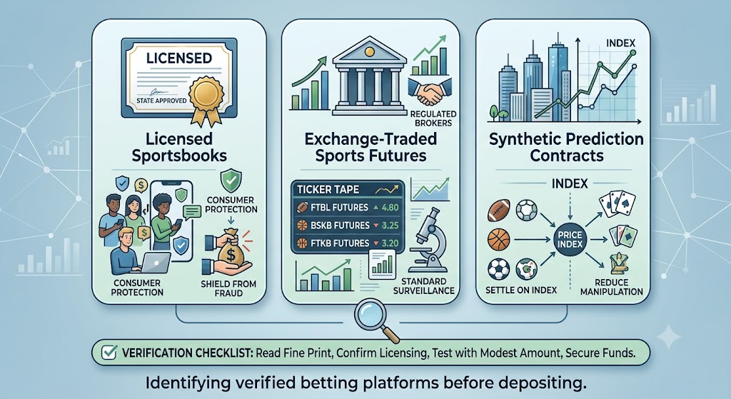 Infographic contrasting licensed sportsbooks, regulated futures exchanges, and index-based contracts as safe betting options.
