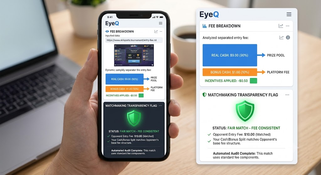A hand holding a phone displaying the EyeQ app, alongside an expanded view of its FEE BREAKDOWN and MATCHMAKING FLAG.