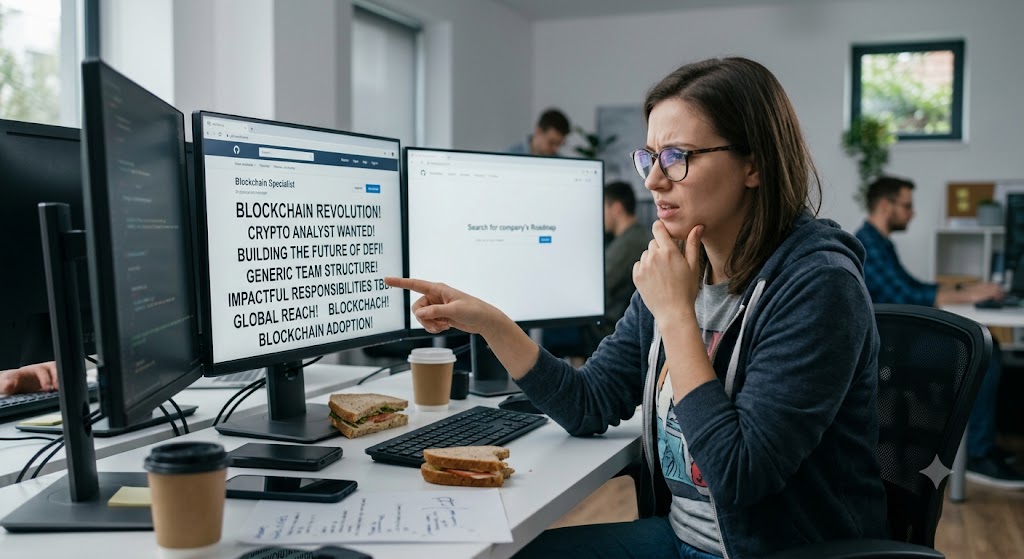 A woman in an office points confusedly at a computer screen displaying a vague, buzzword-filled blockchain job description.