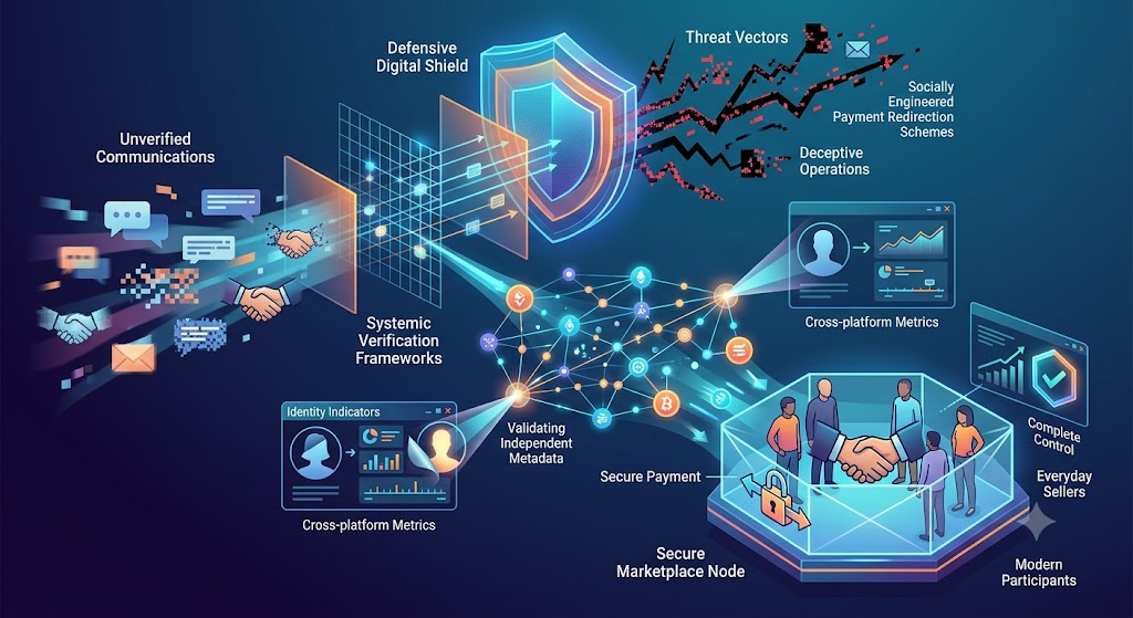 Infographic detailing digital buyer protection with shields, data nodes, identity checks, and secure marketplace interactions.