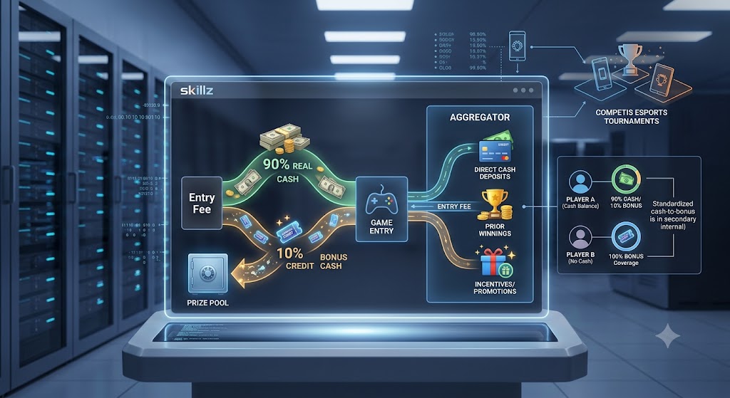 Diagram showing Skillz entry fee breakdown: 90% real cash to prize pool, 10% bonus cash, aggregator inputs, and matching.