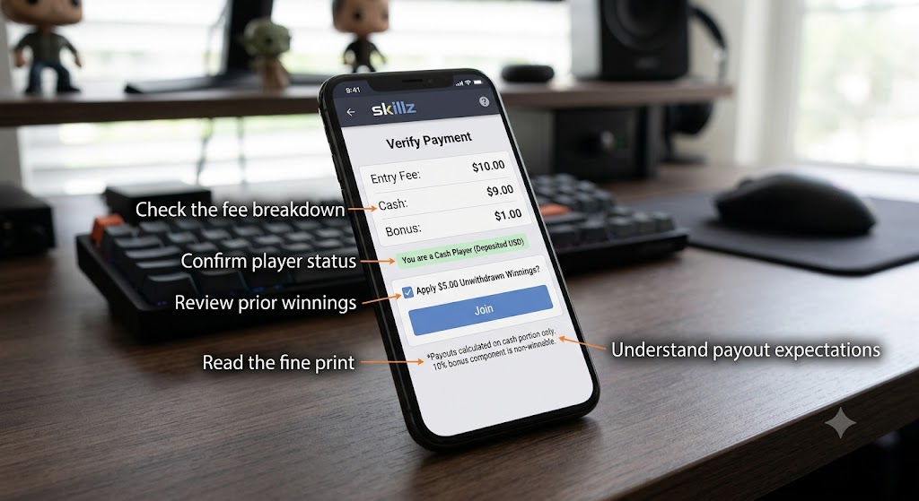 A smartphone on a desk showing the Skillz 'Verify Payment' screen. Overlaid text arrows point to critical verification steps, such as checking the fee breakdown, player status, and fine print.