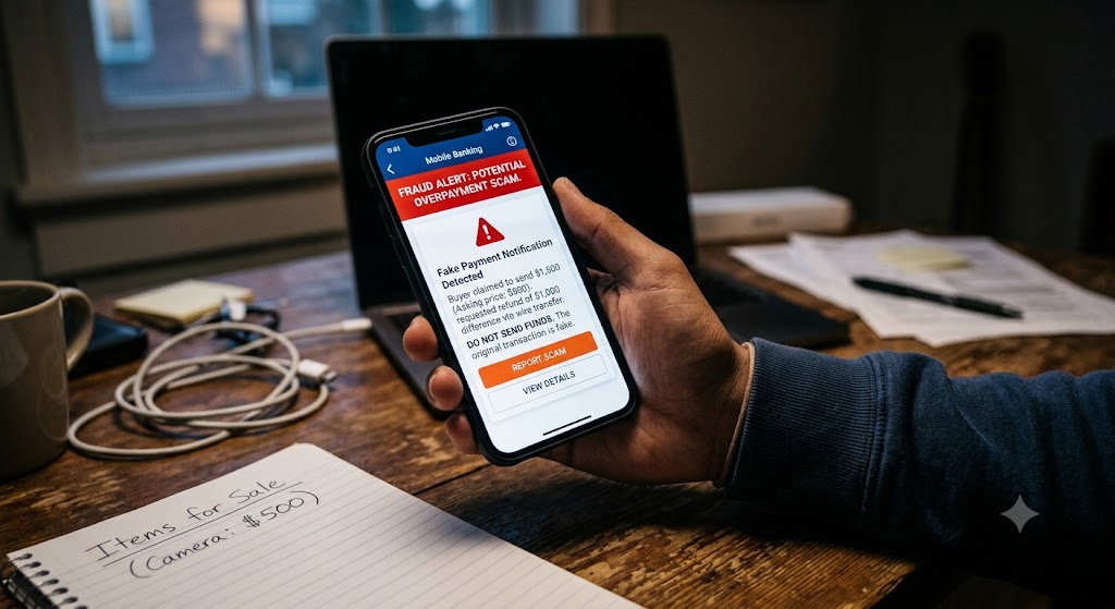 A hand holding a phone displaying a fake overpayment scam alert next to a notepad listing items for sale on a wooden desk.