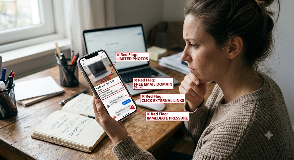 A woman holds a smartphone displaying annotated red flags for common online marketplace scams on a cluttered desk.