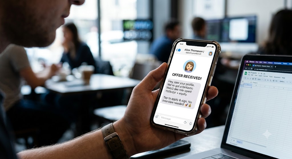 A man holds a phone showing a sketchy Web3 job offer chat message, sitting next to a laptop in a bustling cafe.