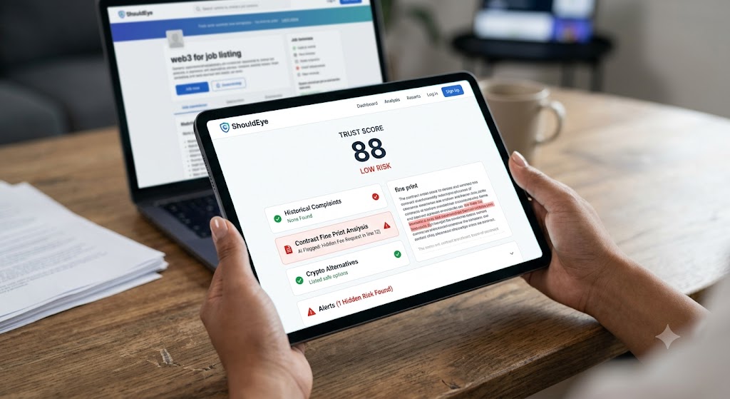 A woman holds a tablet with the ShouldEye trust score app, showing low risk and alerts for a job listing on her laptop.