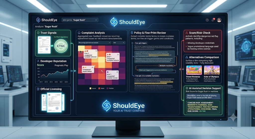 A monitor shows the ShouldEye dashboard analyzing Sugar Rush, with modules for trust, complaints, and AI decision support.