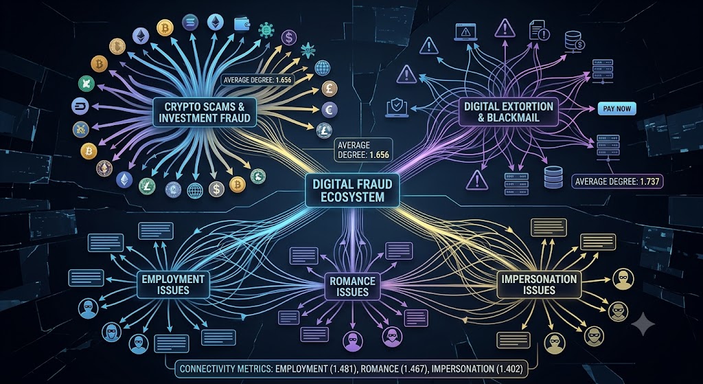 A digital network diagram mapping online threat data, showcasing crypto fraud, digital extortion, and scam metrics.
