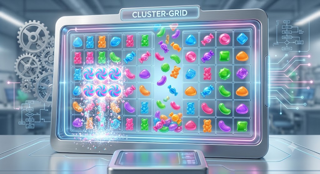 A futuristic digital terminal shows a cluster-grid game with tumbling colorful candy pieces, sparkling wins, gears, and circuit boards in the background.