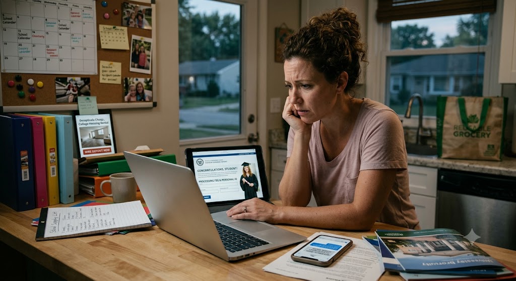 A stressed woman at a laptop in a kitchen, looking at confusing online student housing and tuition aid forms, surrounded by back-to-school items and documents.