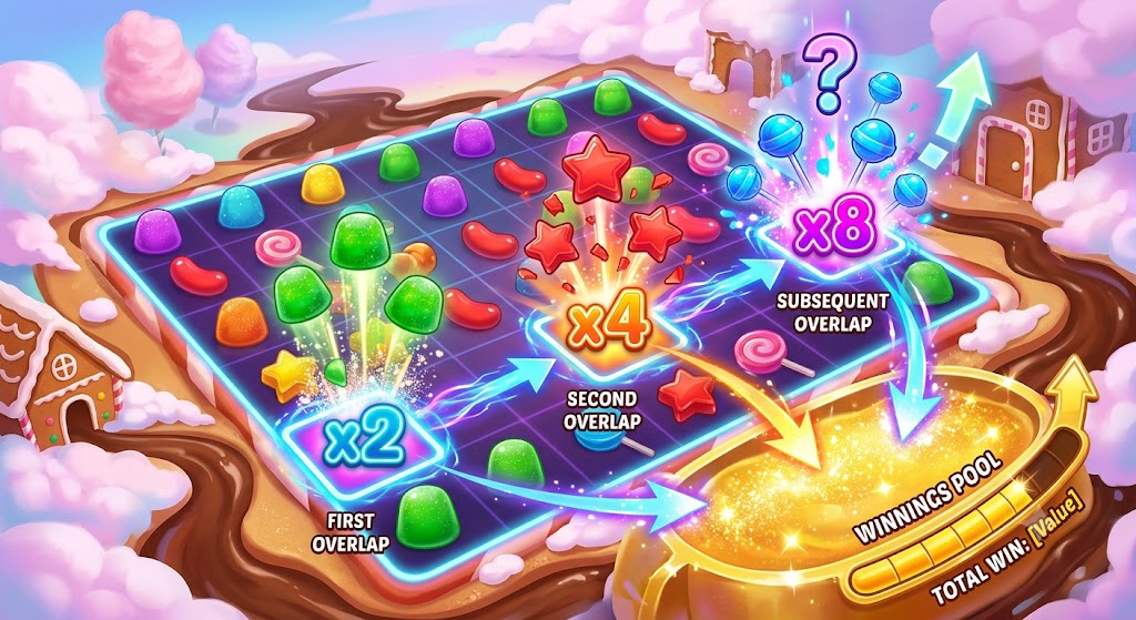 A conceptual infographic for Sugar Rush, showing candies exploding on a grid to double multipliers from 2x to 4x and 8x.