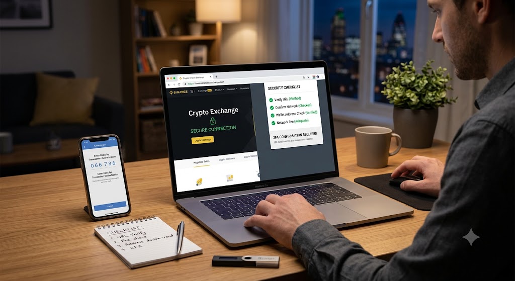 A trader cross-references a security checklist on his laptop and a 2FA code on his phone for a crypto transaction.