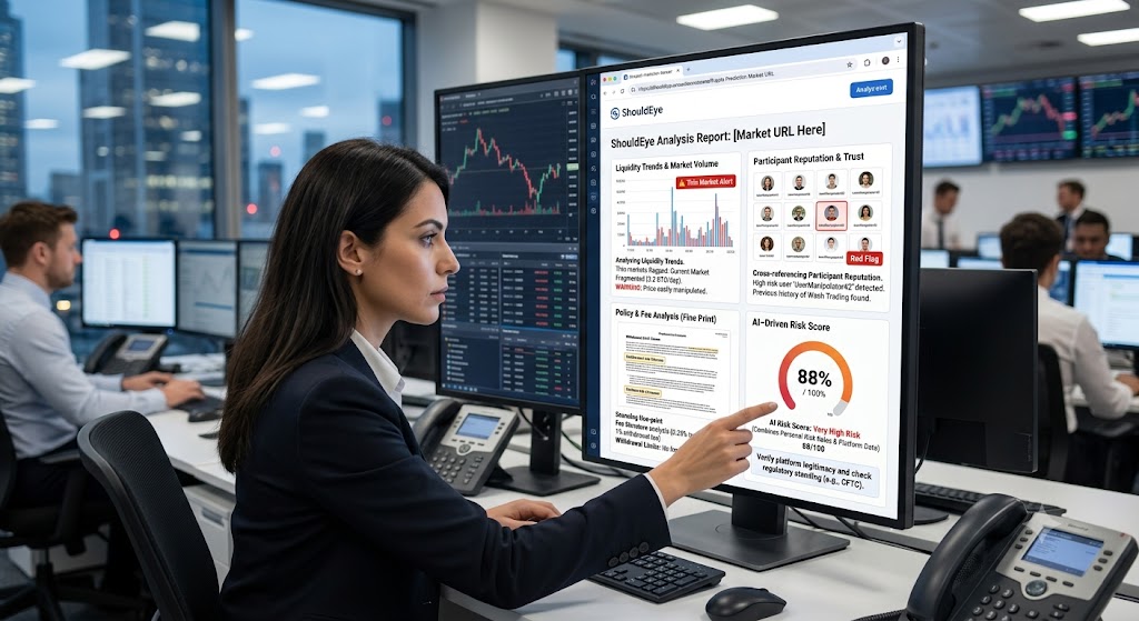 A businesswoman in an office points to a monitor displaying a detailed ShouldEye analysis report with risk and trust data.