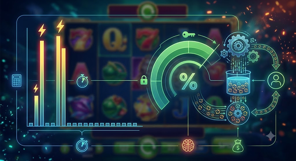 An abstract digital graphic overlaying a blurry slot machine interface, illustrating high volatility and 96.5% RTP metrics.
