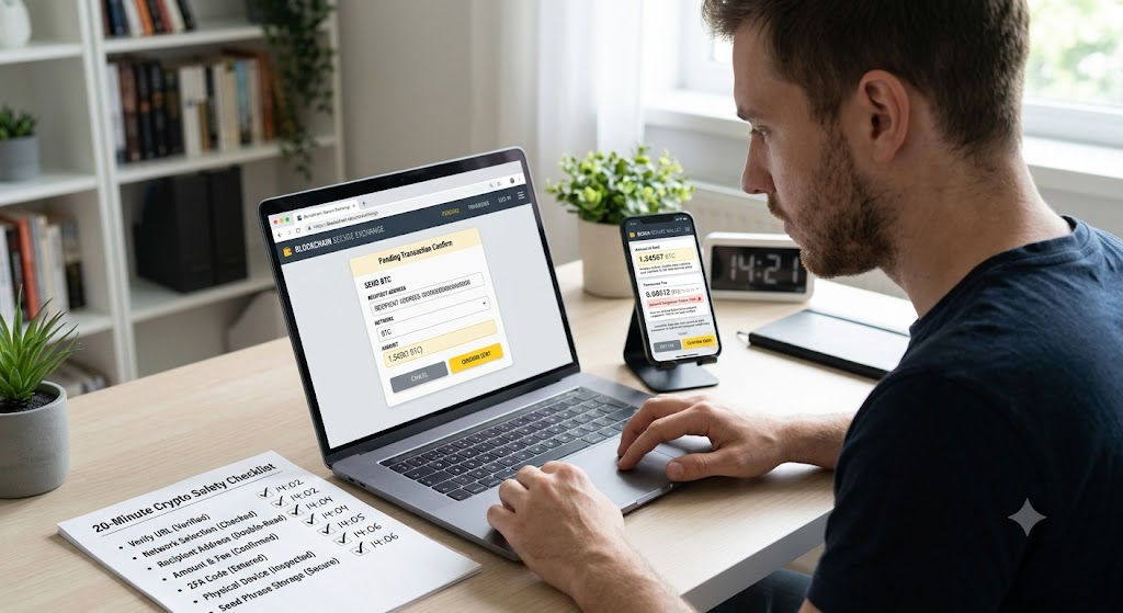 A man works at a desk, checking off items on a paper list titled "20-Minute Crypto Safety Checklist" while using a laptop.